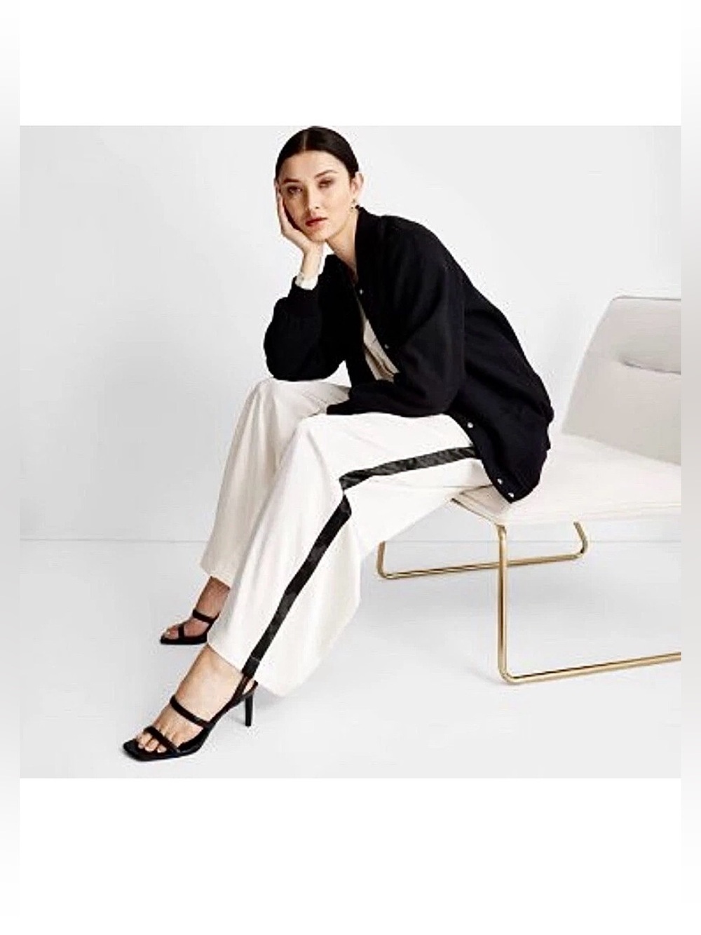Future Collective Tailored Cream Wide-Leg Satiny Pants/Black Side Stripe Size M